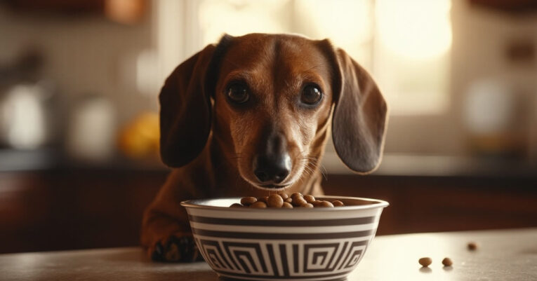 cute dachshund eating from a slow feeder bowl