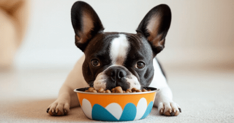 flat face dog eating from a slow feeder bowl